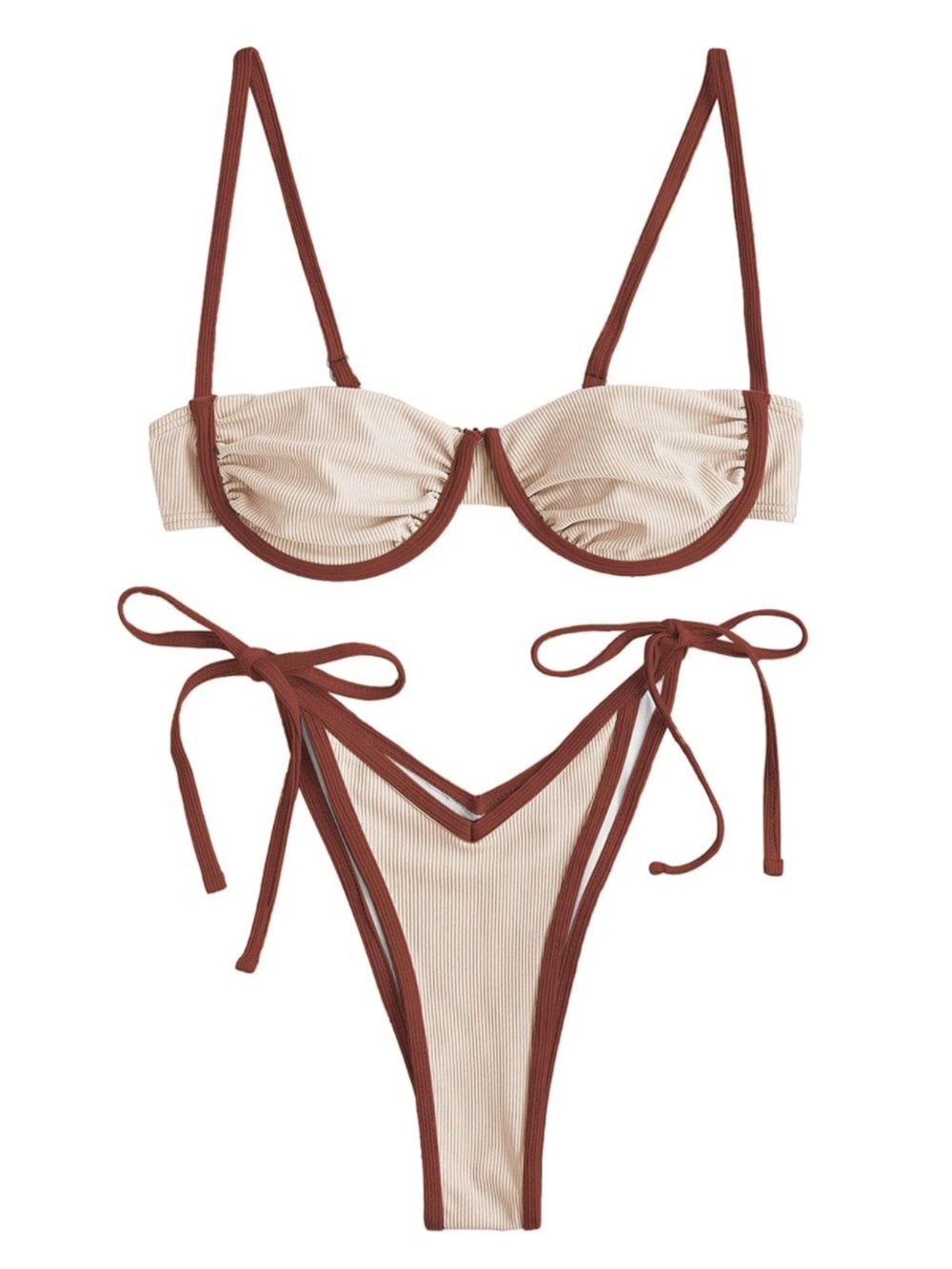 Two-Tone Cream & Brown Ribbed Underwire Style Bikini